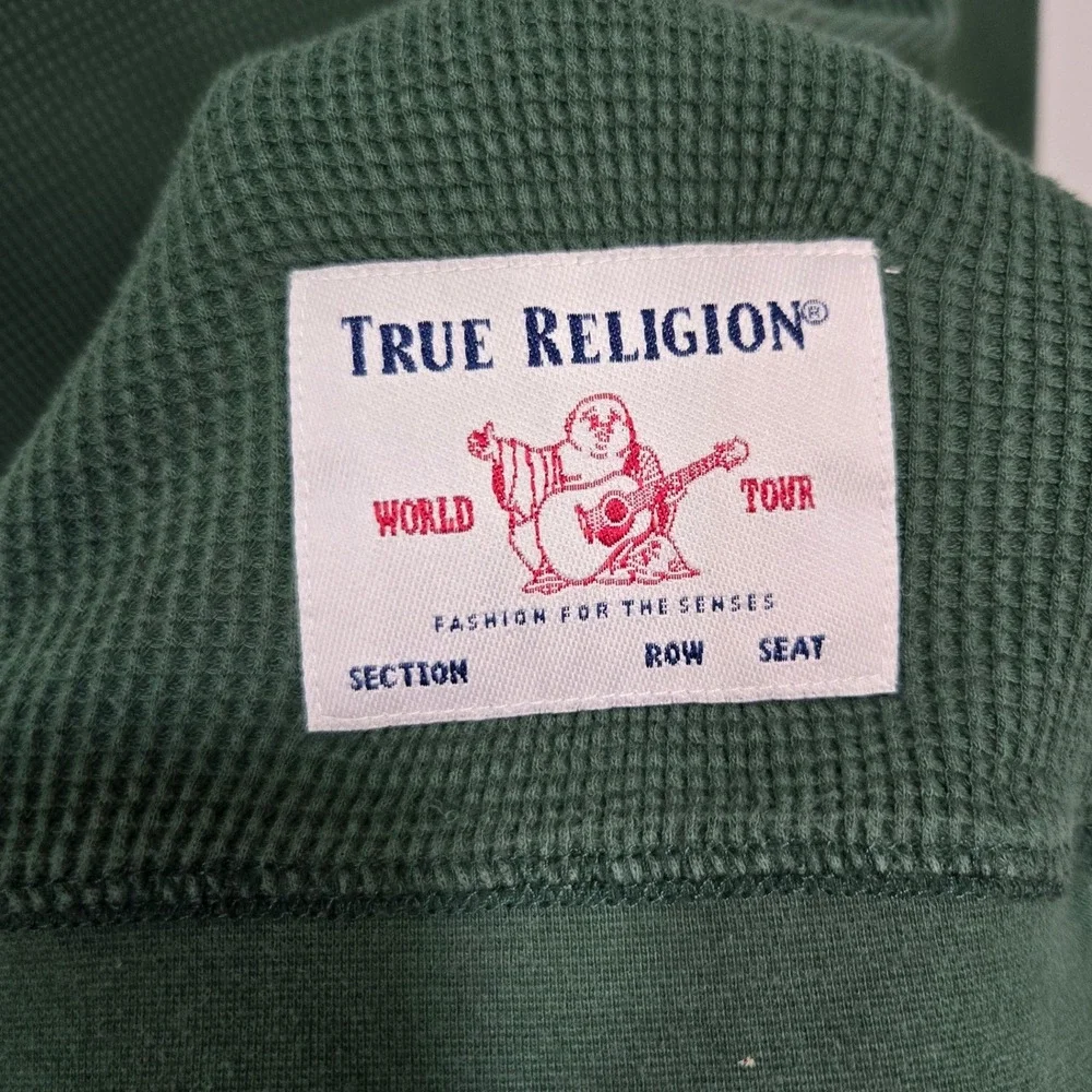 True Religion Thermal Henley Shirt Men Large Green Waffle Knit Streetwear Grunge